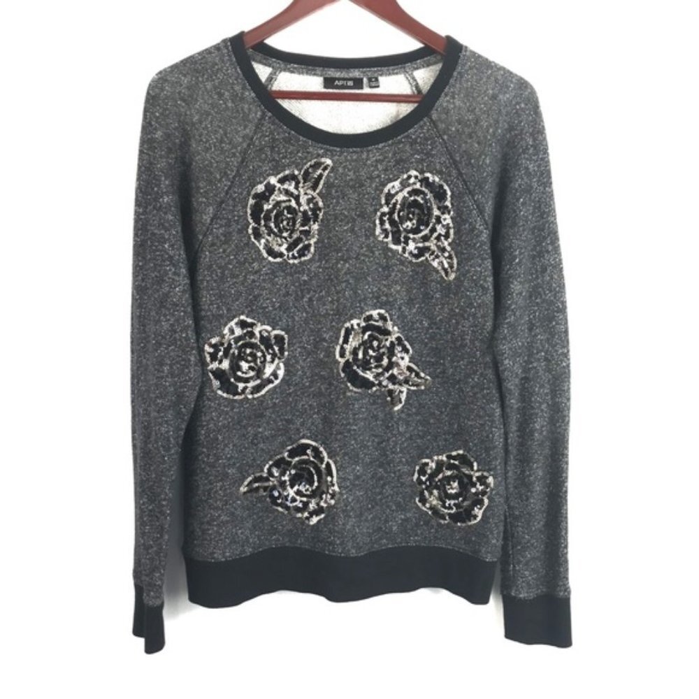 Apt 9 Black Gold Sequins Roses Sweater Medium